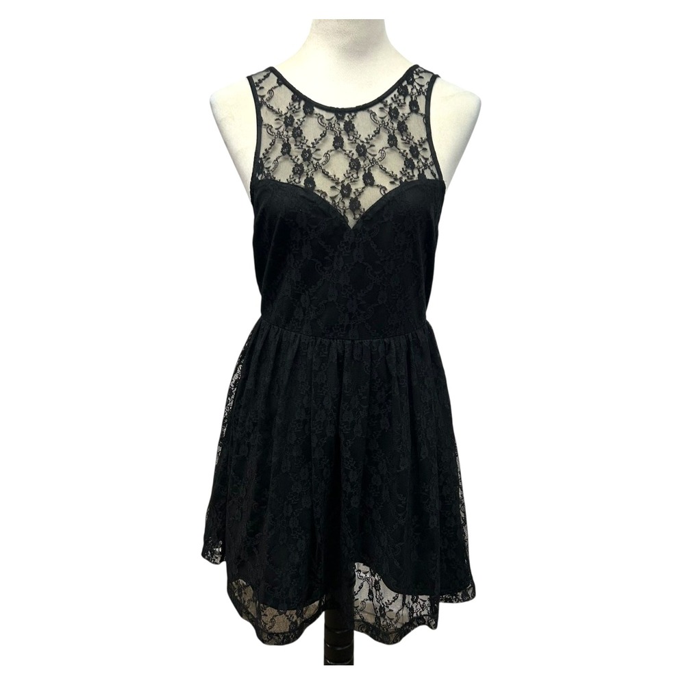 Black Lace Open Back Mini Dress Medium Sheer Y2K Fairy Grunge‎ Dark Romantic